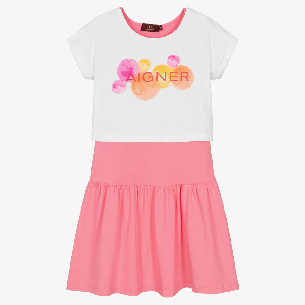 AIGNER-طقم فستان تينز بناتي قطن جيرسي لون زهري وأبيض | Childrensalon Outlet