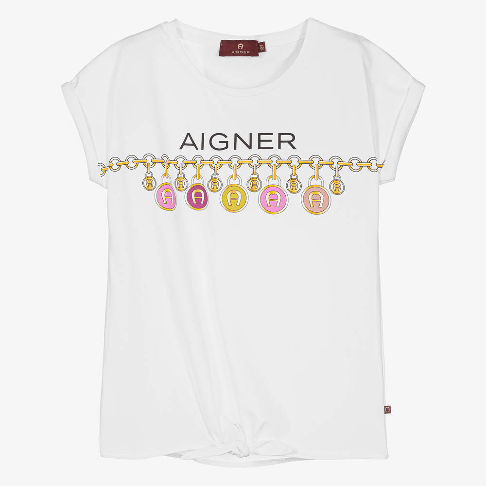 AIGNER - Teen Girls White Chain Logo T-Shirt | Childrensalon