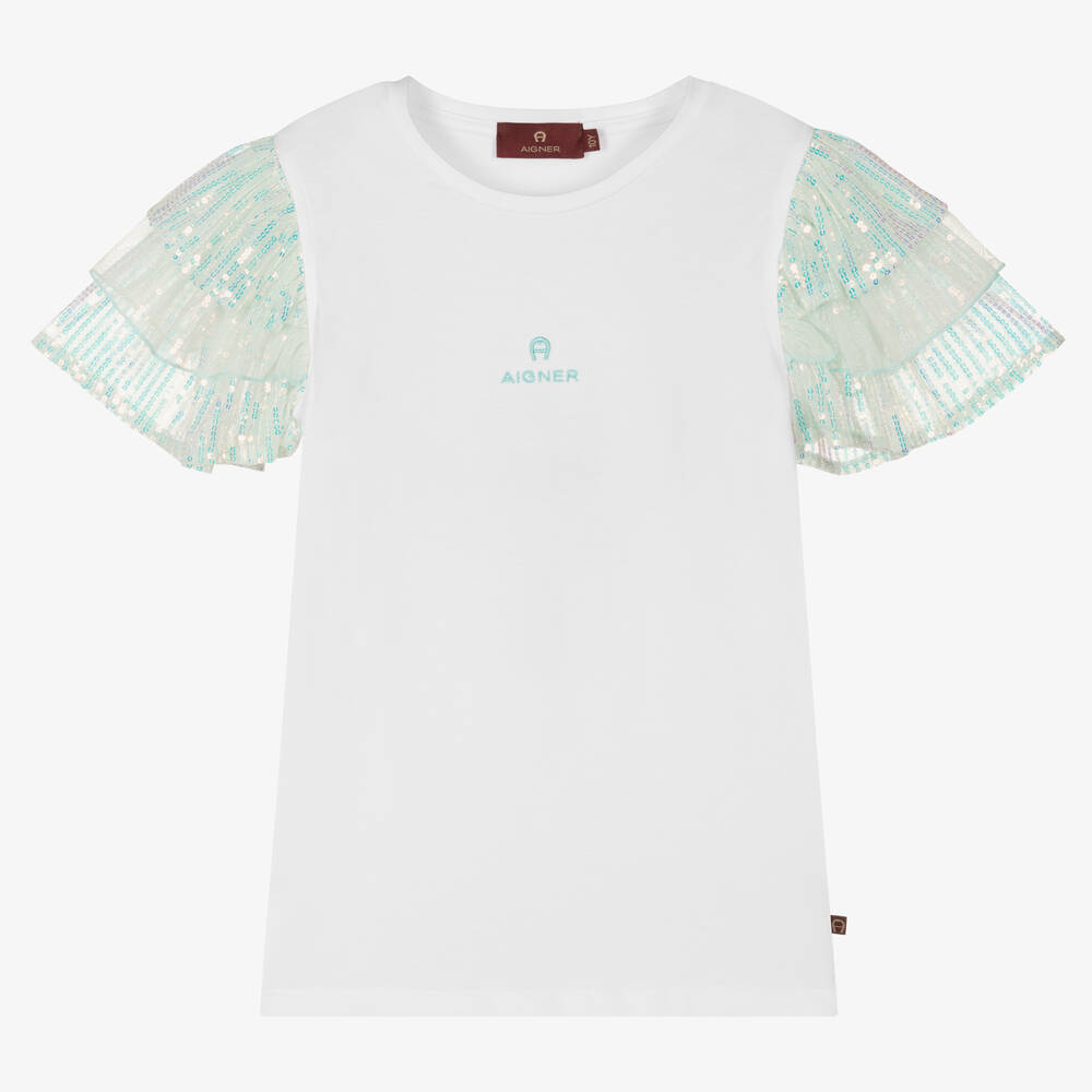 AIGNER - Teen Girls White Cotton & Blue Sequin T-Shirt | Childrensalon