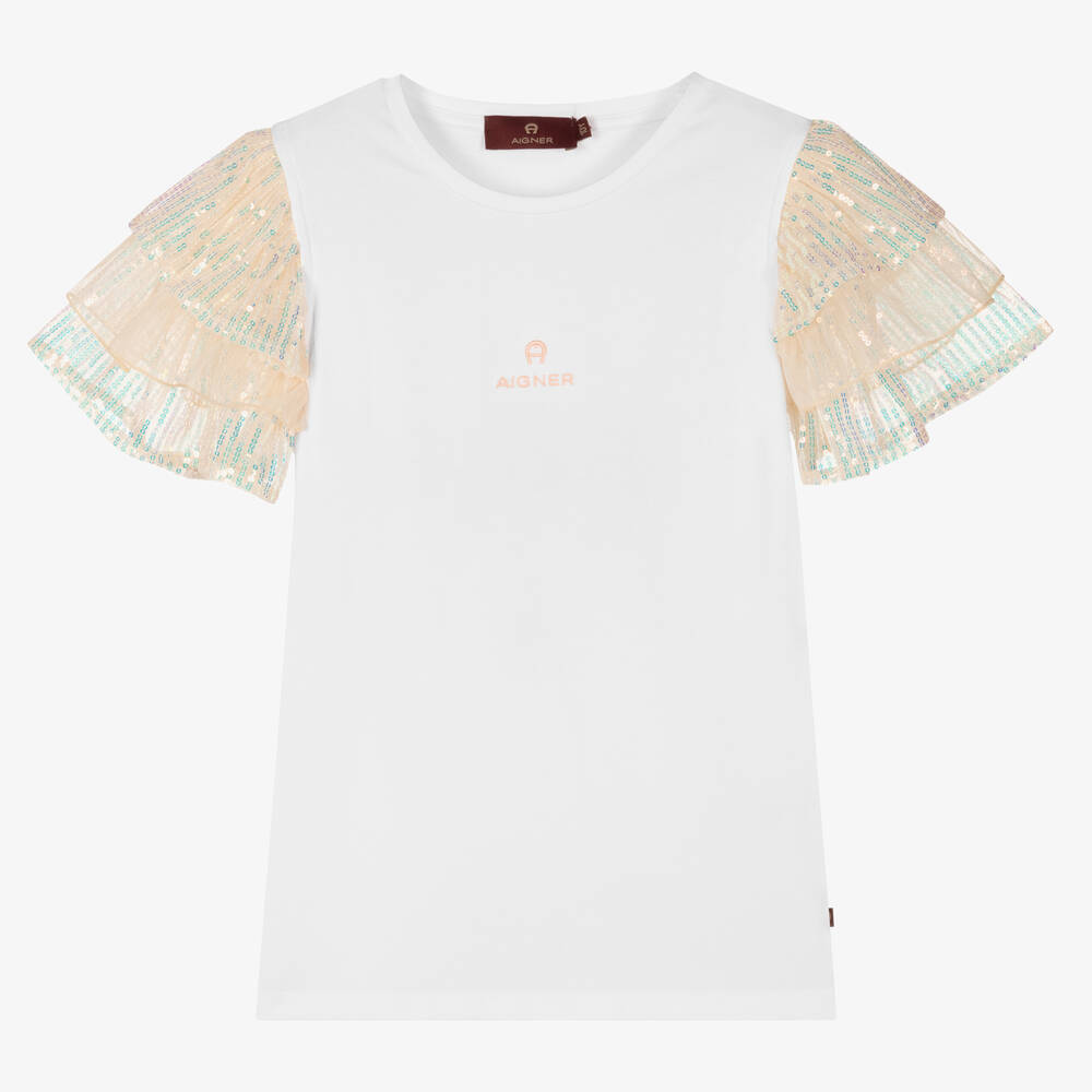 AIGNER-Teen Girls White Cotton & Pink Sequin T-Shirt | Childrensalon Outlet
