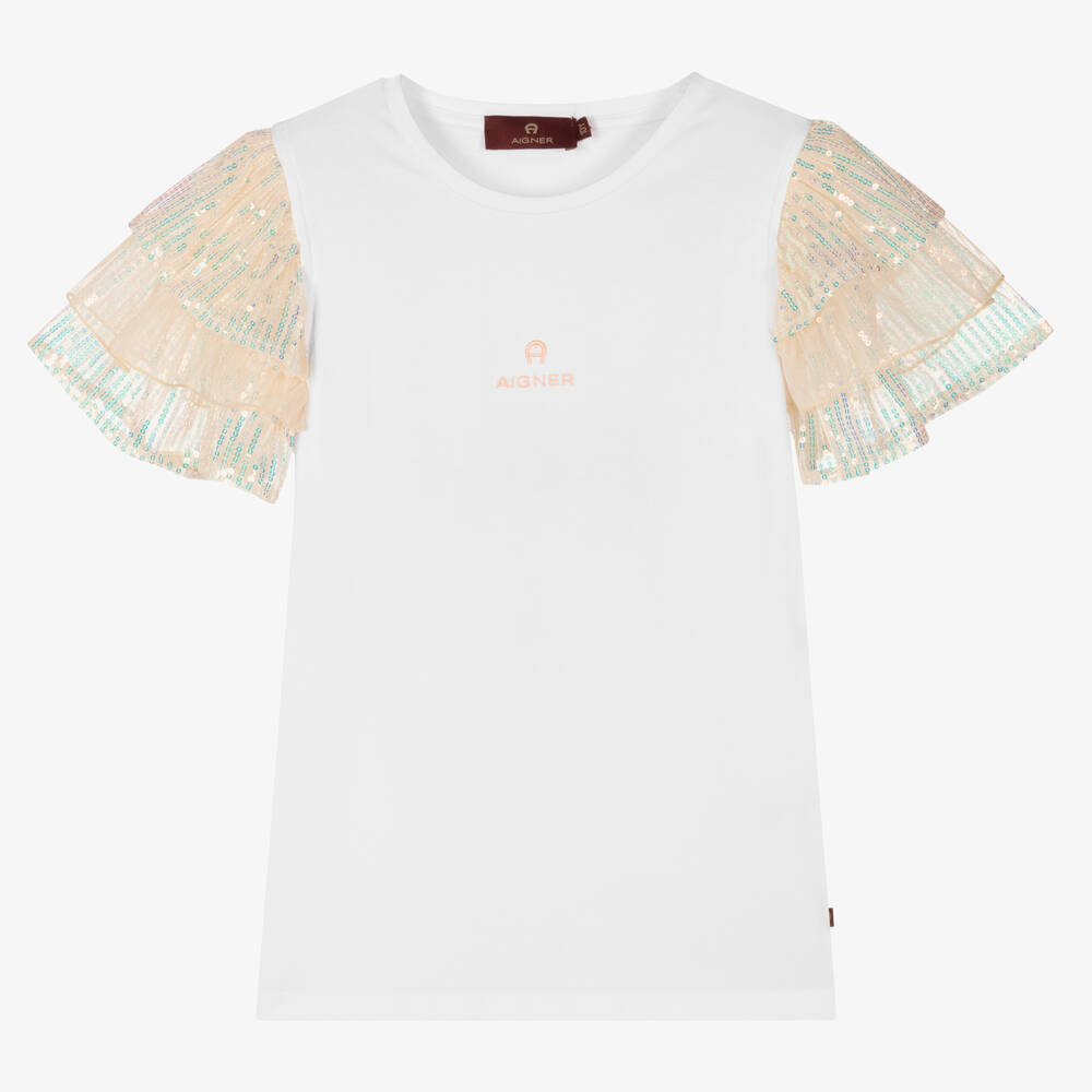 AIGNER - Teen Girls White Cotton & Pink Sequin T-Shirt | Childrensalon