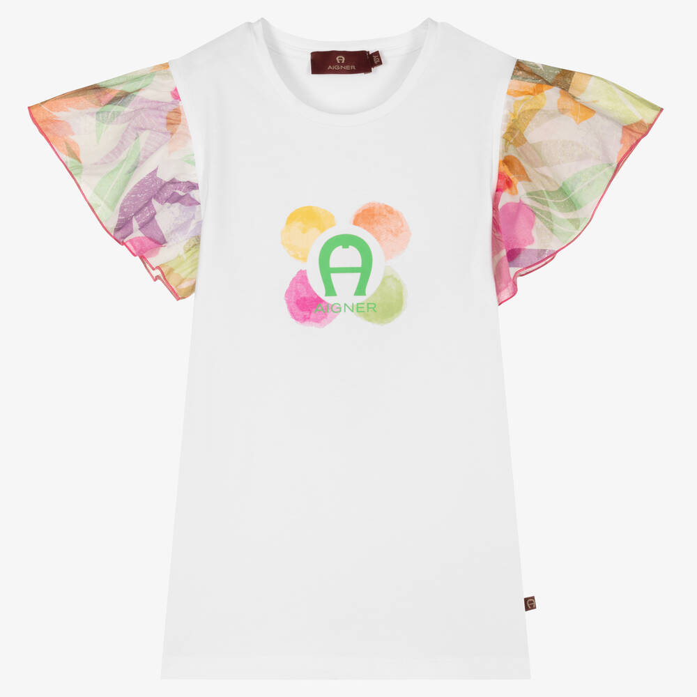AIGNER - Teen Girls White Floral Logo T-Shirt | Childrensalon