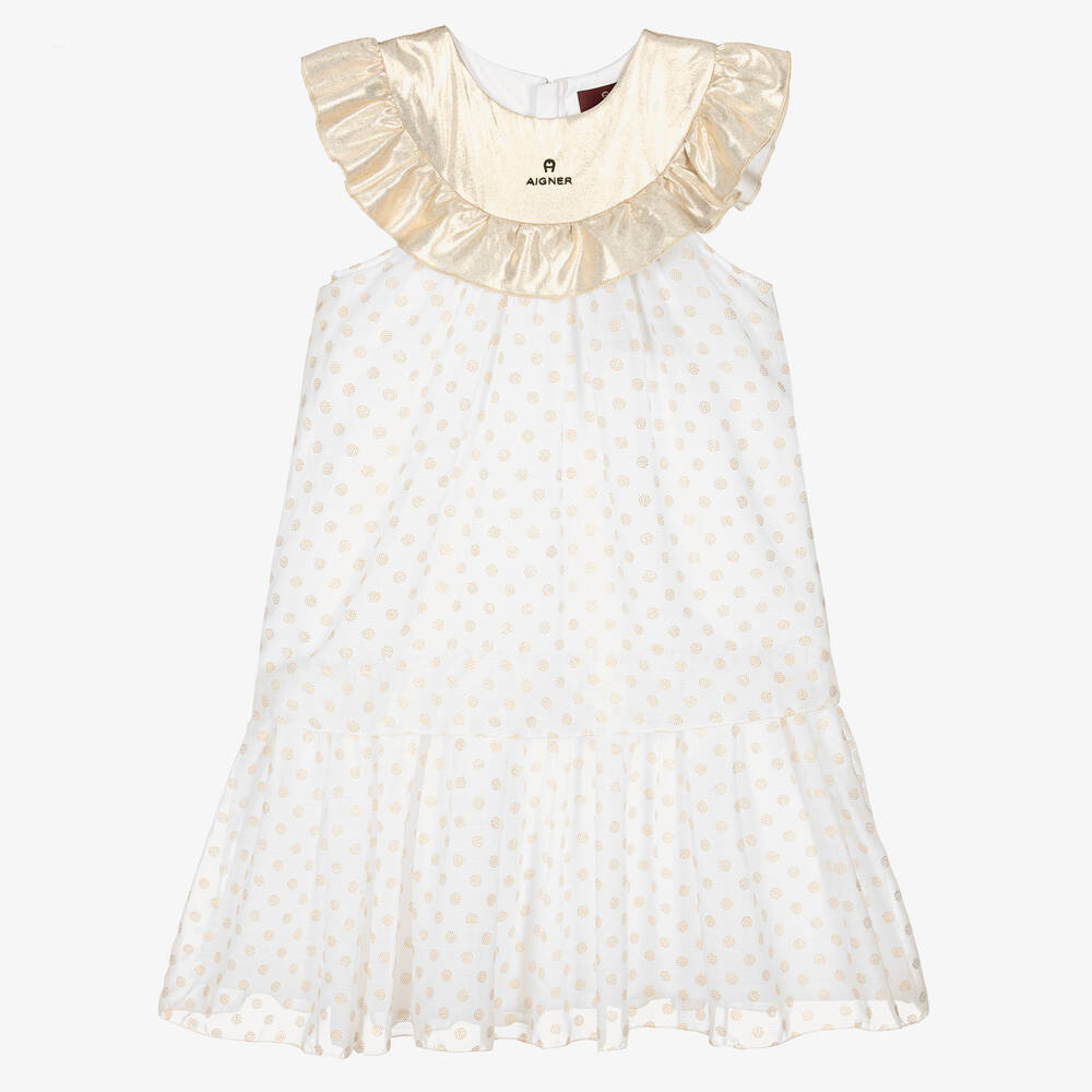 AIGNER - Teen Girls White & Gold Chiffon Dress | Childrensalon