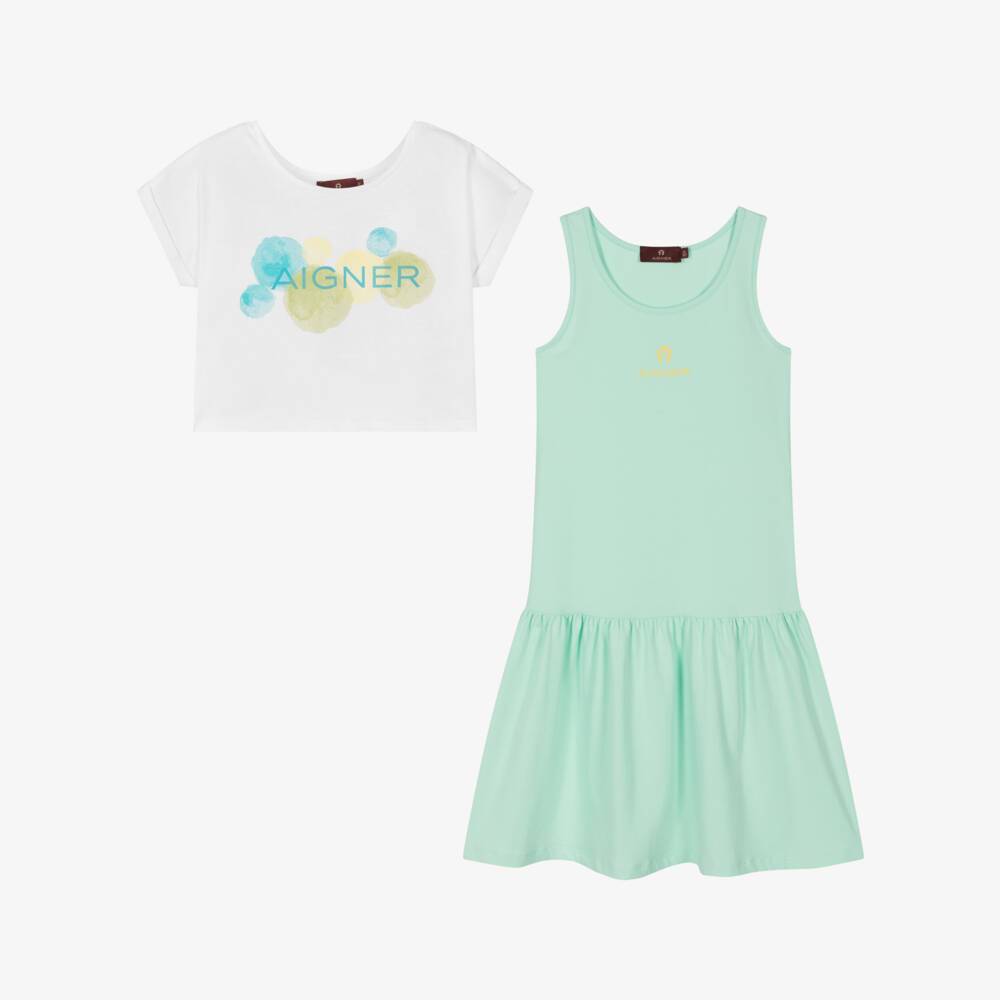 AIGNER-Белый топ и зеленое платье из хлопка | Childrensalon Outlet