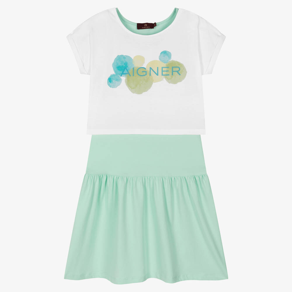AIGNER - طقم فستان تينز بناتي قطن جيرسي لون أبيض وأخضر | Childrensalon