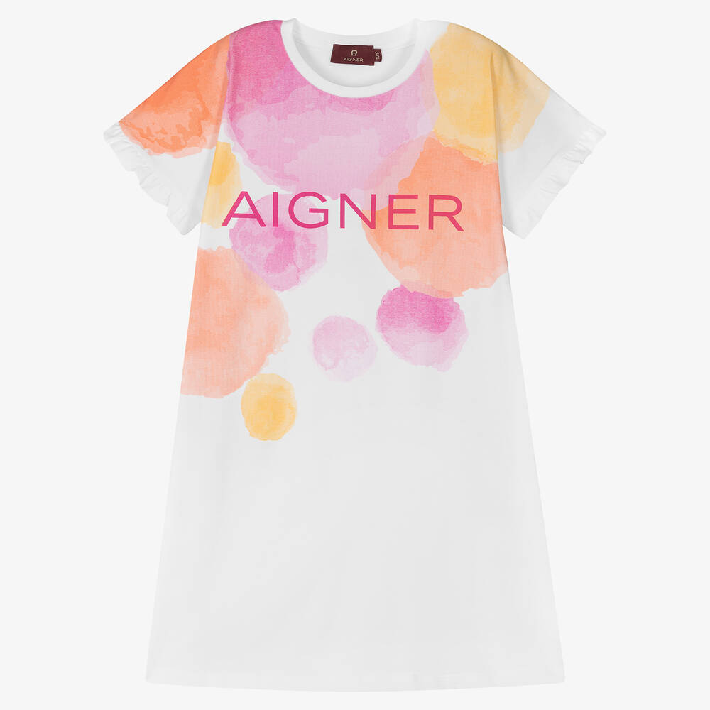 AIGNER - فستان تينز بناتي قطن جيرسي لون أبيض وزهري | Childrensalon