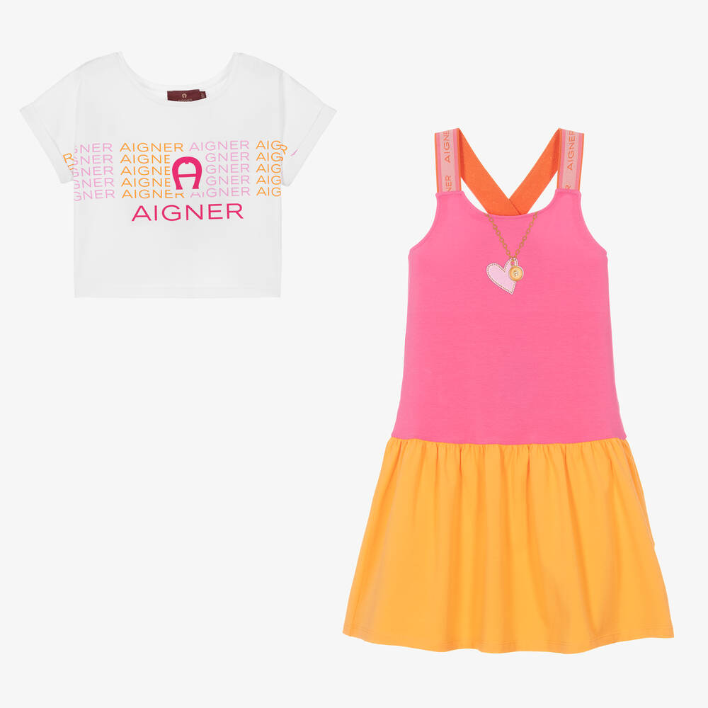 AIGNER-Белый топ и розовое платье из хлопка | Childrensalon Outlet