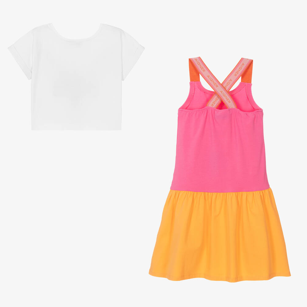 AIGNER-Белый топ и розовое платье из хлопка | Childrensalon Outlet
