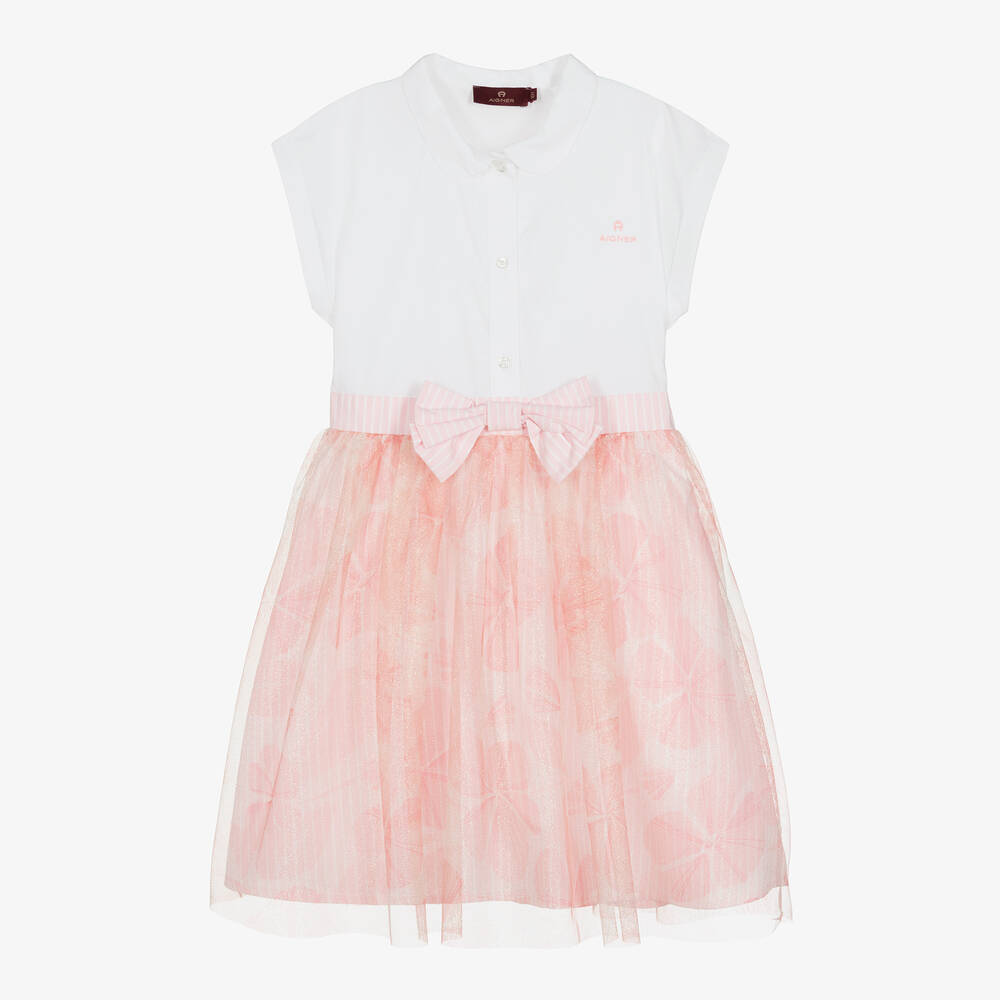 AIGNER - فستان قميص تينز بناتي قطن وتول لون أبيض وزهري | Childrensalon