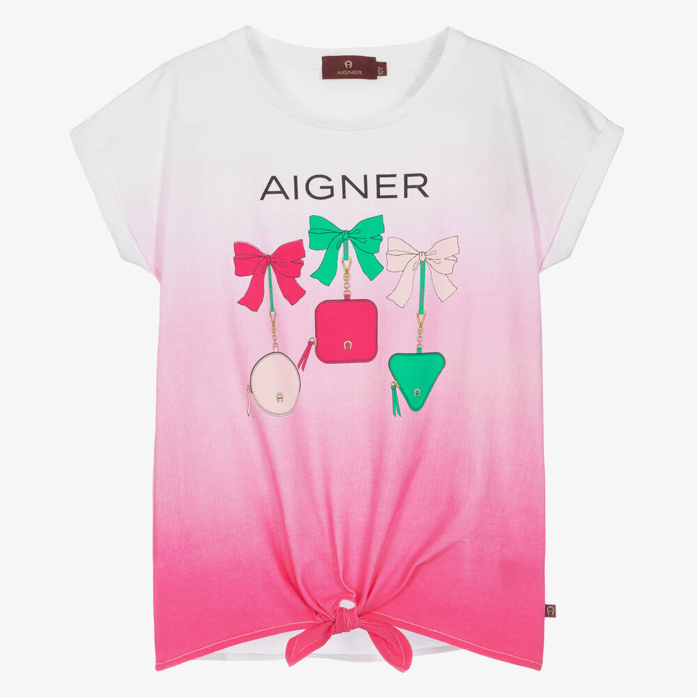 AIGNER - تيشيرت تينز بناتي لون أبيض وزهري بربطة أمامية | Childrensalon