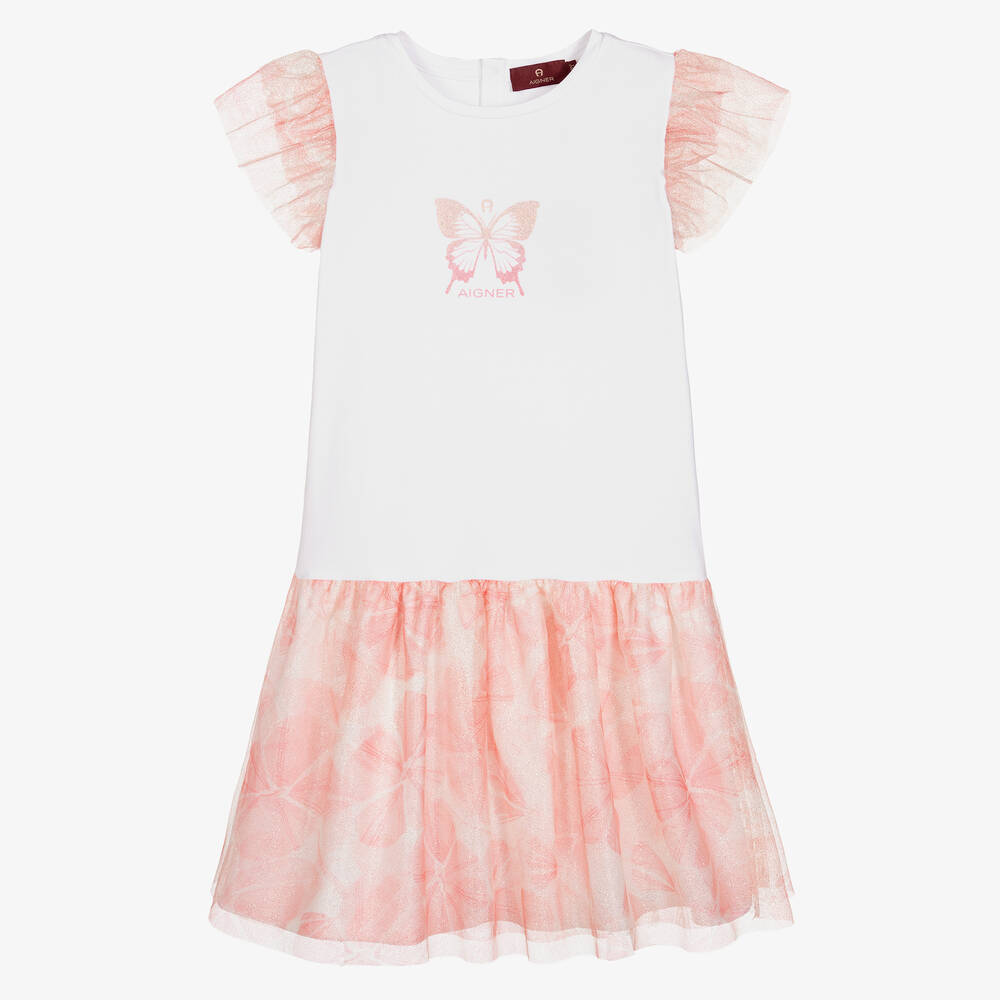 AIGNER - Robe blanche et rose en tulle ado | Childrensalon