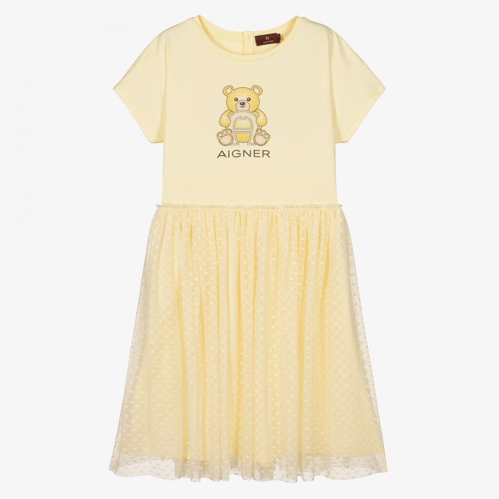 AIGNER-فستان تينز قطن جيرسي وتول لون أصفر باهت | Childrensalon Outlet
