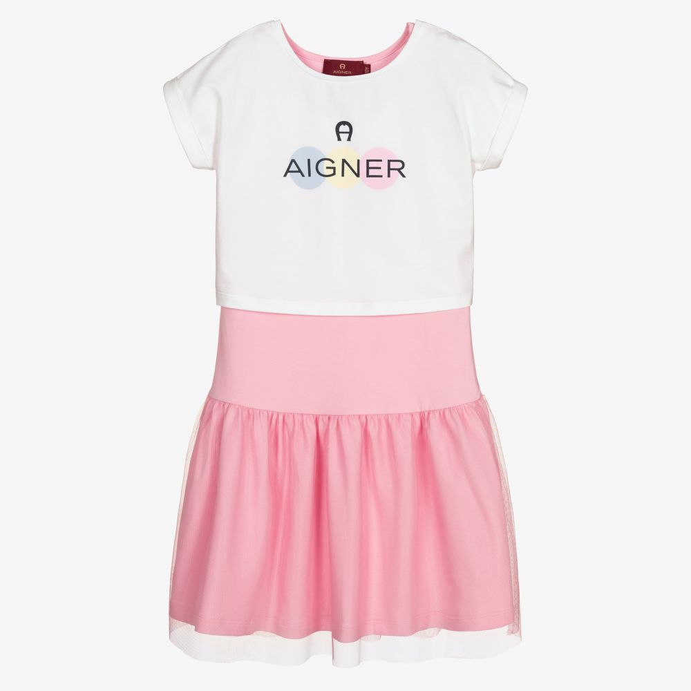 AIGNER - طقم فستان تينز بناتي قطن جيرسي لون زهري وأبيض | Childrensalon