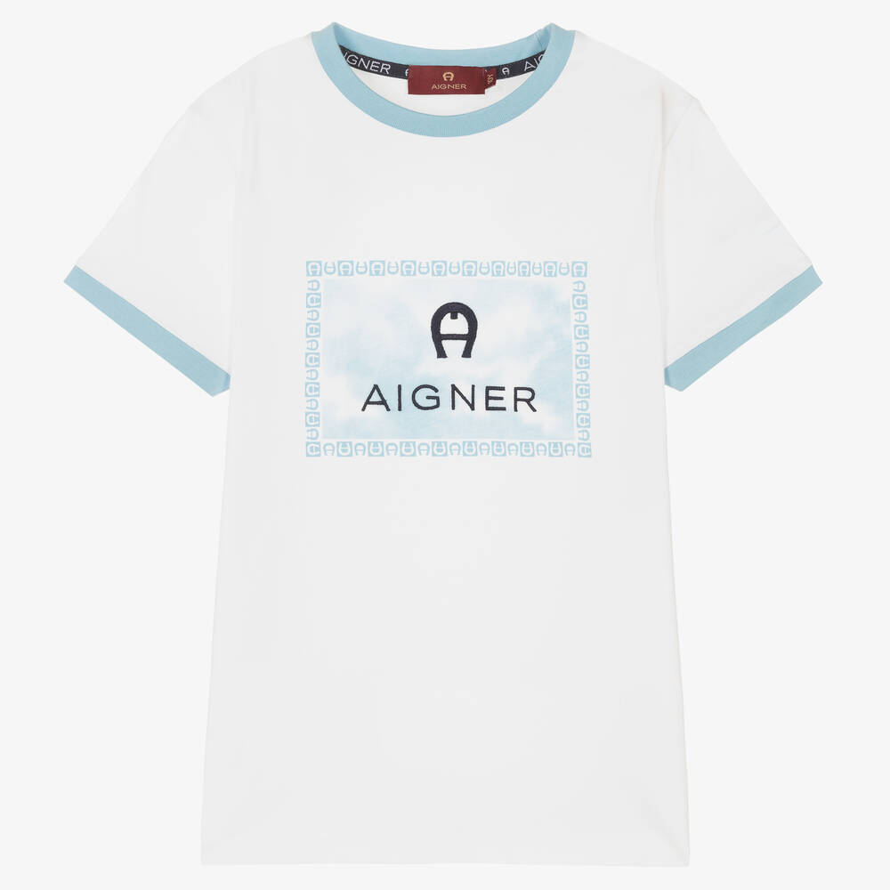 AIGNER - تيشيرت تينز ولادي قطن لون أبيض وأزرق | Childrensalon