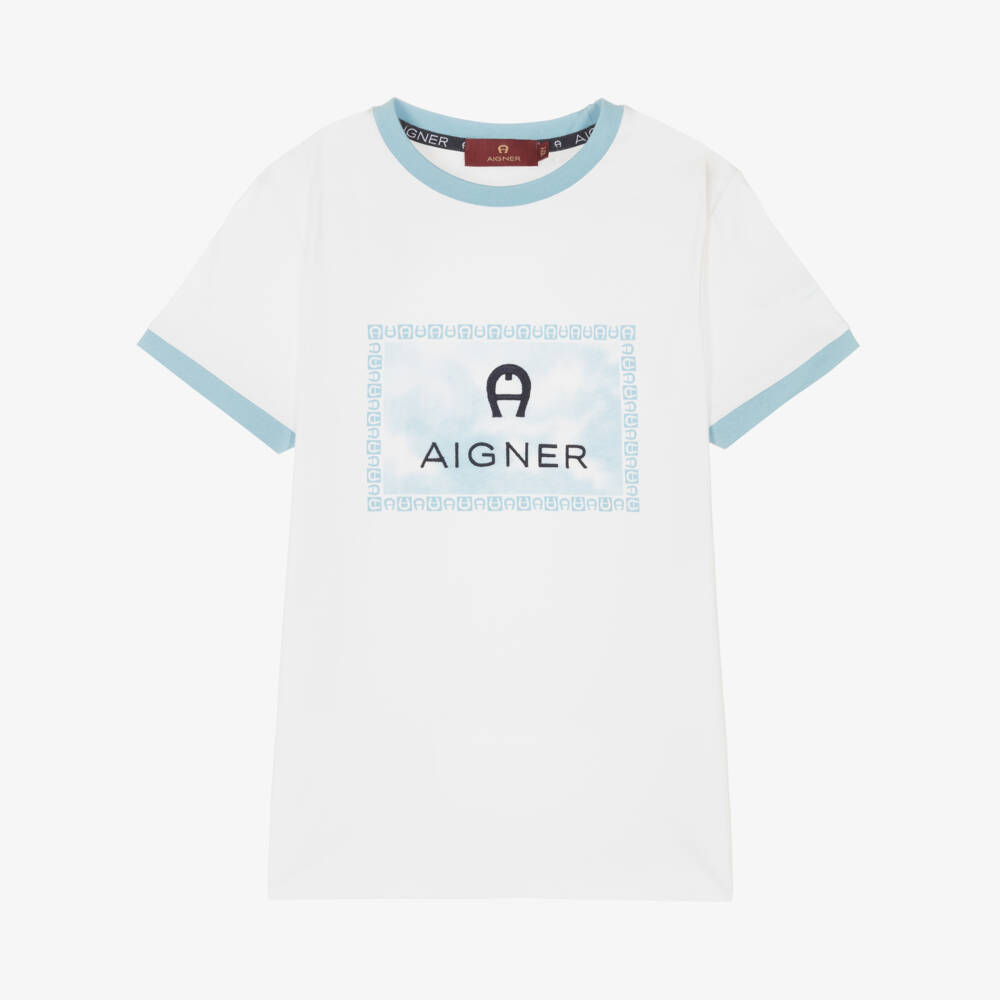 AIGNER-تيشيرت تينز ولادي قطن لون أبيض وأزرق | Childrensalon Outlet
