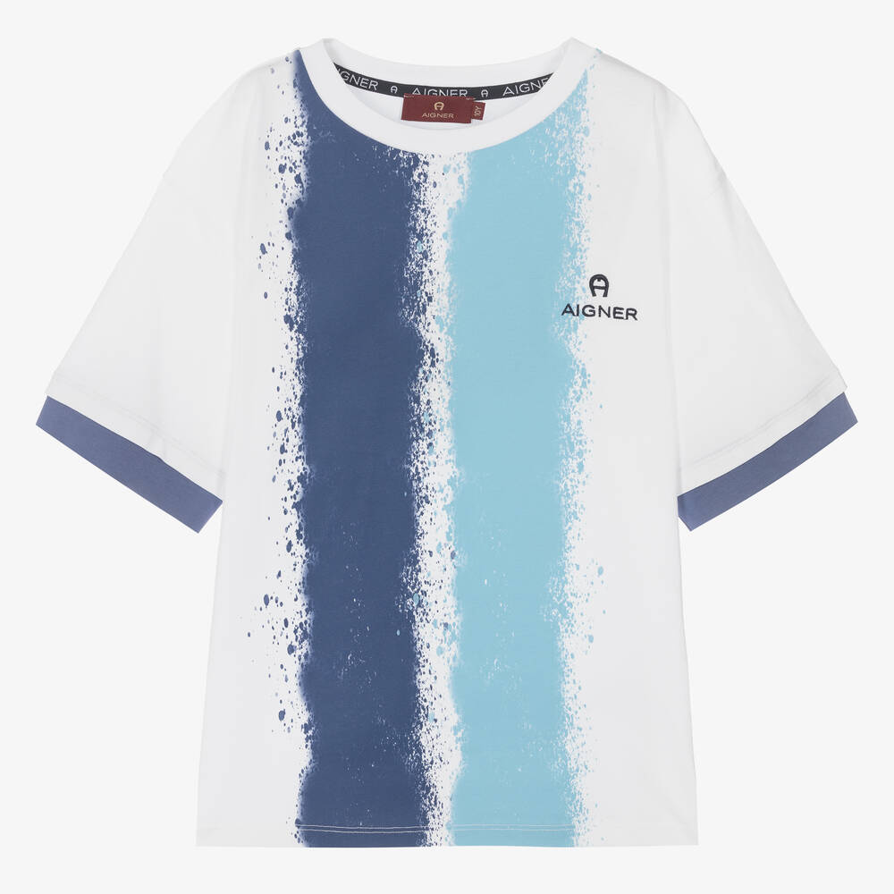 AIGNER-Teen White & Blue Painted Stripes T-Shirt | Childrensalon Outlet