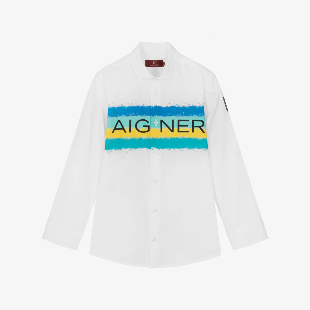 AIGNER-قميص تينز ولادي قطن بوبلين لون أبيض وأزرق | Childrensalon Outlet