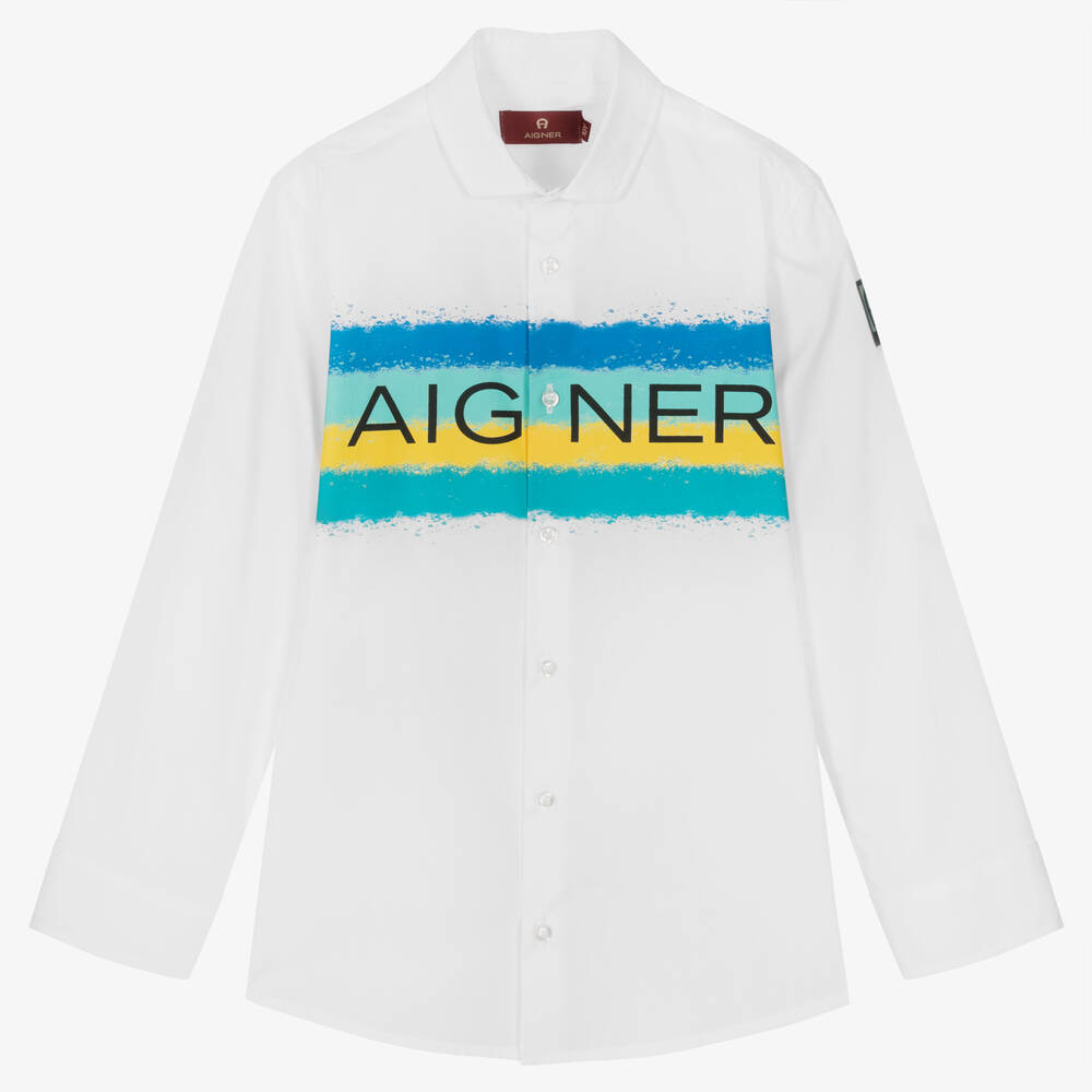 AIGNER - Teen White & Blue Spray Stripe Logo Shirt | Childrensalon