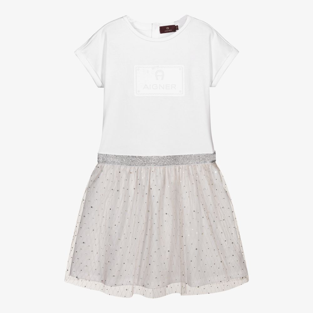 AIGNER-فستان تينز قطن جيرسي وتول لون أبيض وذهبي | Childrensalon Outlet