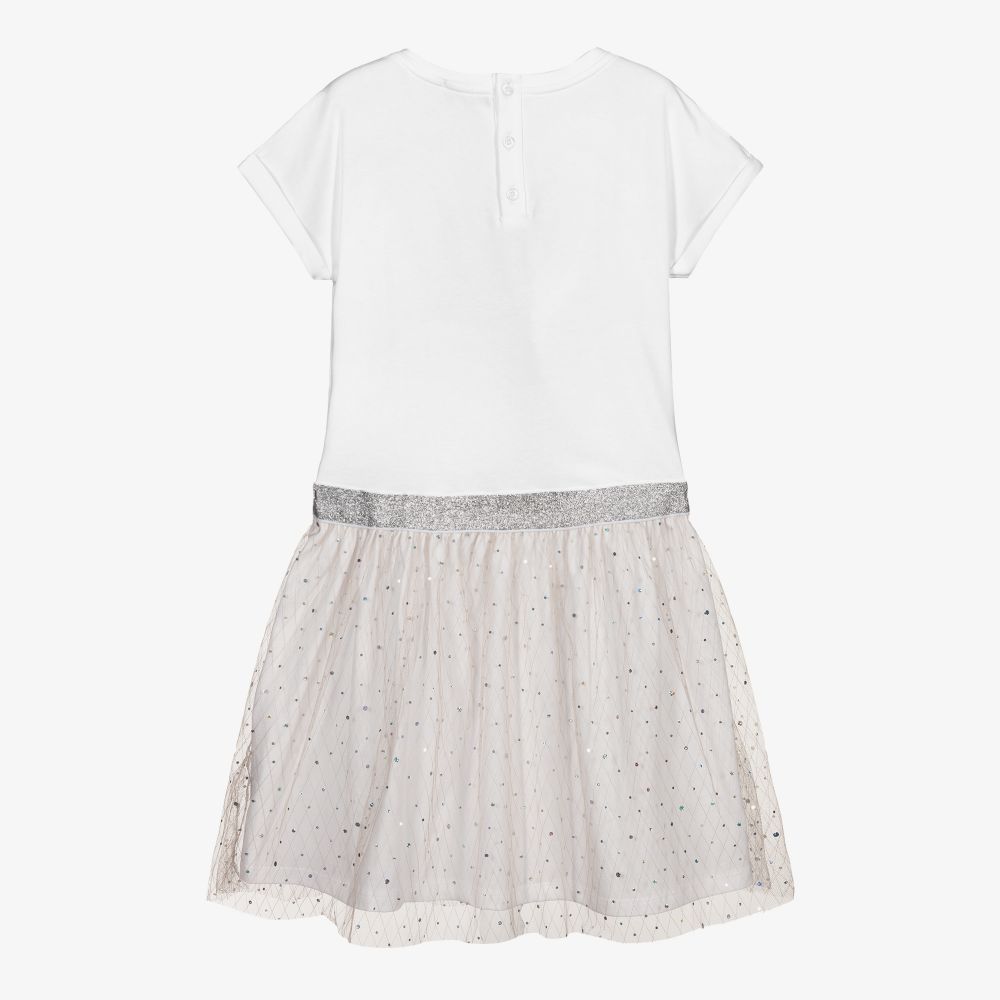 AIGNER-فستان تينز قطن جيرسي وتول لون أبيض وذهبي | Childrensalon Outlet