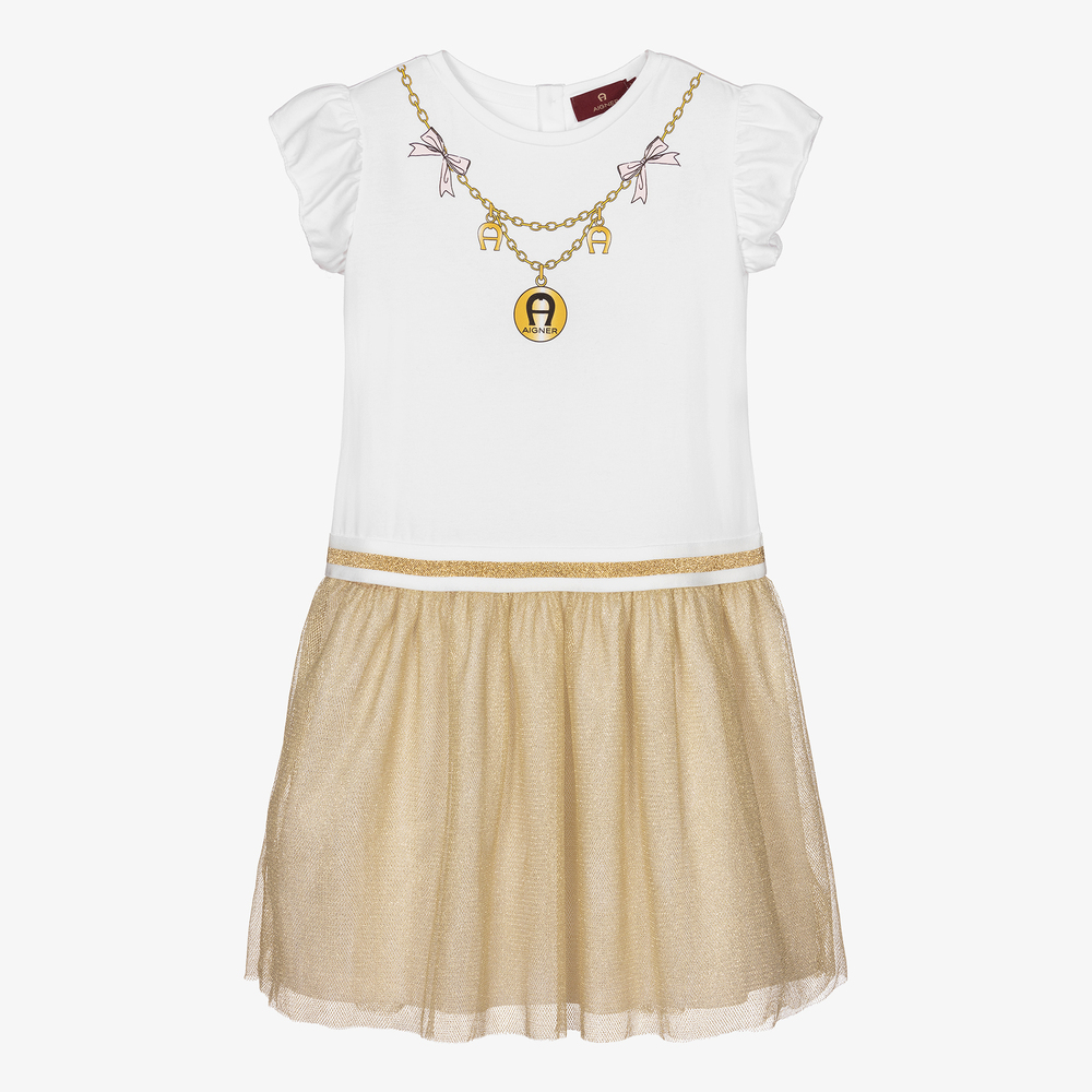 AIGNER - Бело-золотистое платье из тюля для подростков | Childrensalon