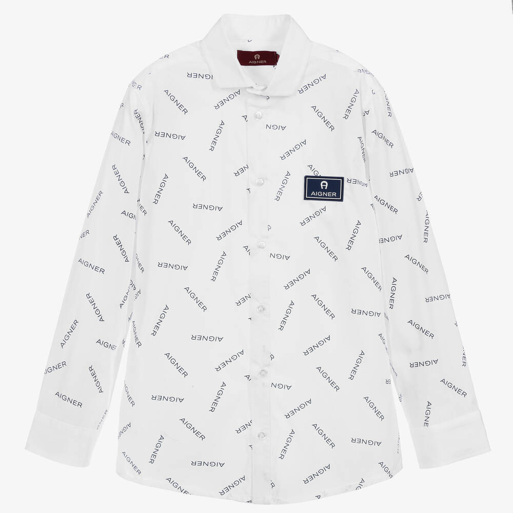AIGNER - قميص قطن بوبلين لون أبيض وكحلي | Childrensalon