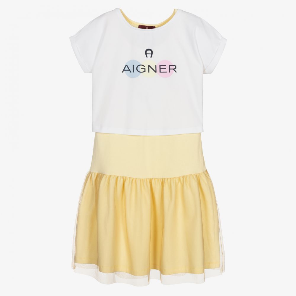 AIGNER-طقم فستان تينز بناتي قطن جيرسي لون أصفر وأبيض | Childrensalon Outlet