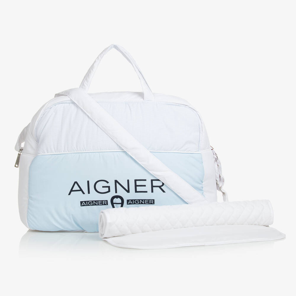 AIGNER - White & Blue Logo Baby Changing Bag (40cm) | Childrensalon