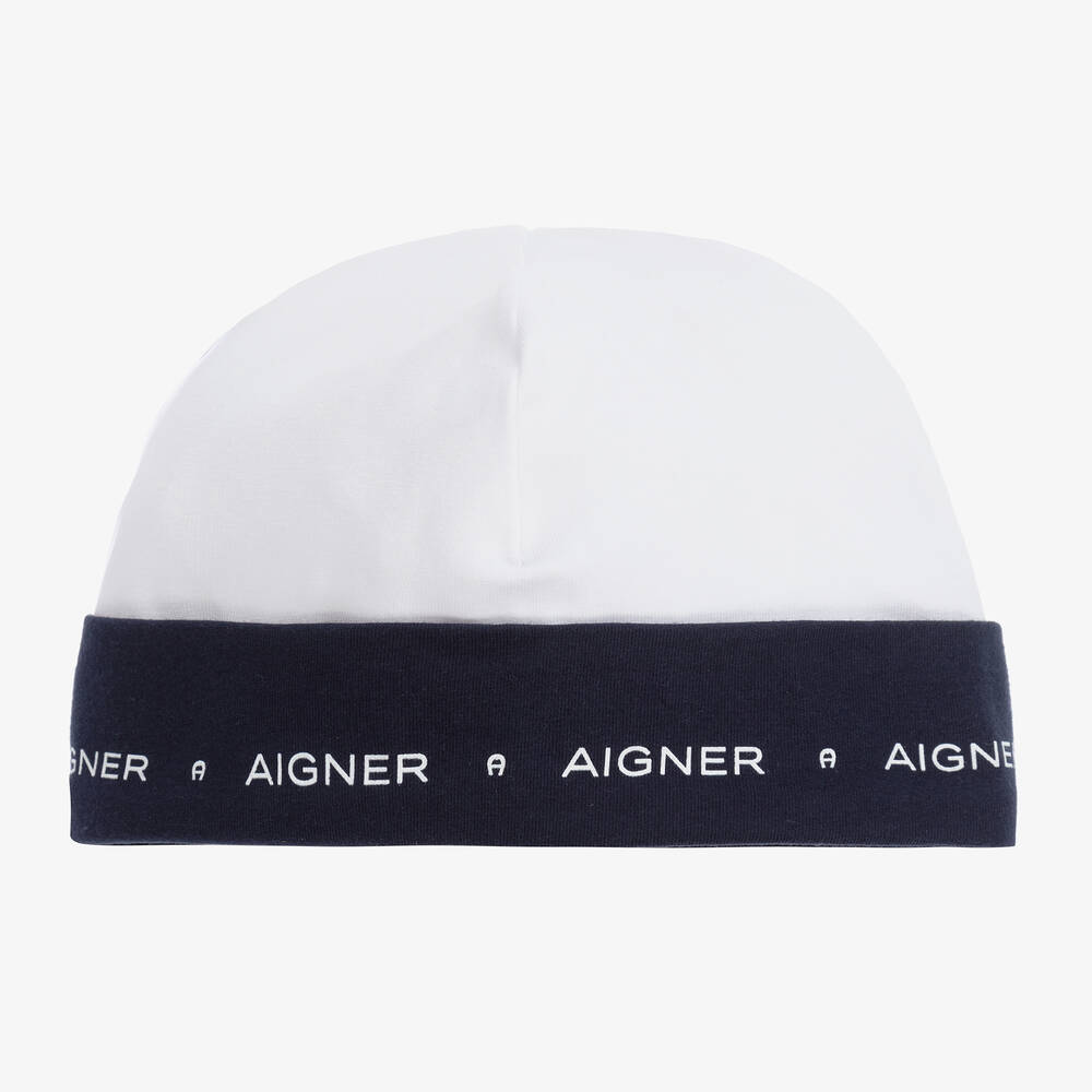 AIGNER - Bonnet blanc et bleu en coton Pima Bébé | Childrensalon