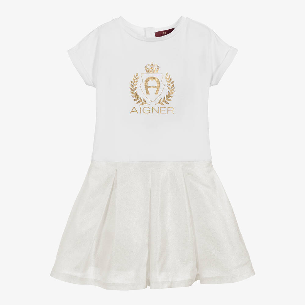 AIGNER - فستان قطن جيرسي وساتان لون أبيض و عاجي | Childrensalon