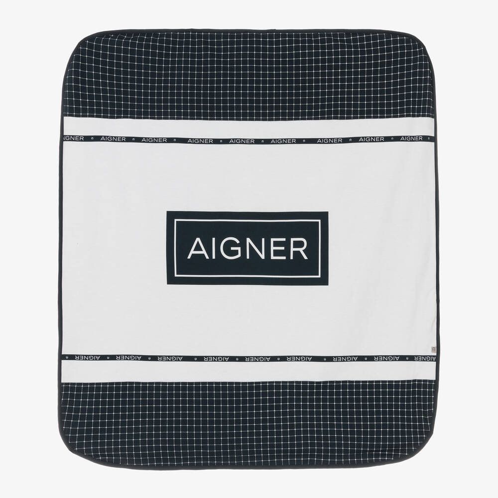 AIGNER - White & Navy Blue Pima Cotton Baby Blanket (85cm) | Childrensalon
