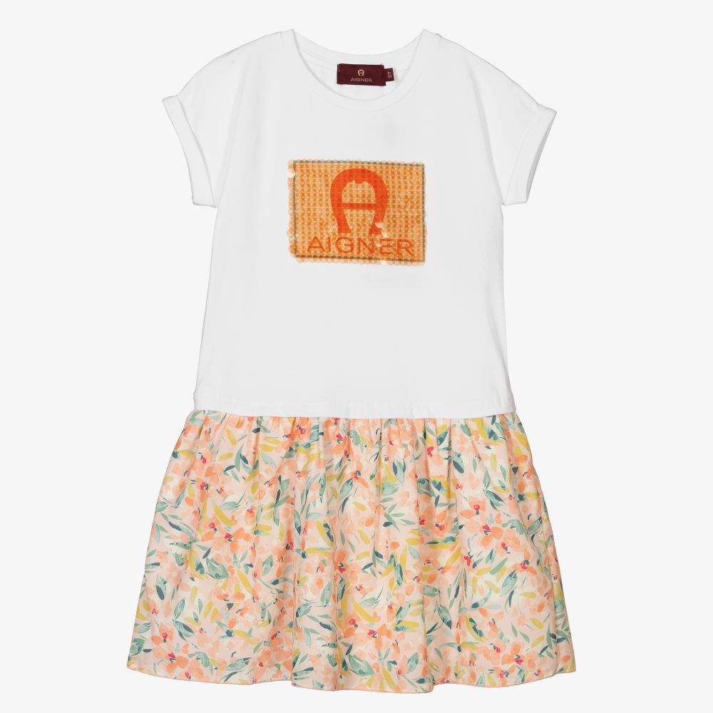 AIGNER - فستان قطن جيرسي لون أبيض وبرتقالي بطبعة ورود | Childrensalon