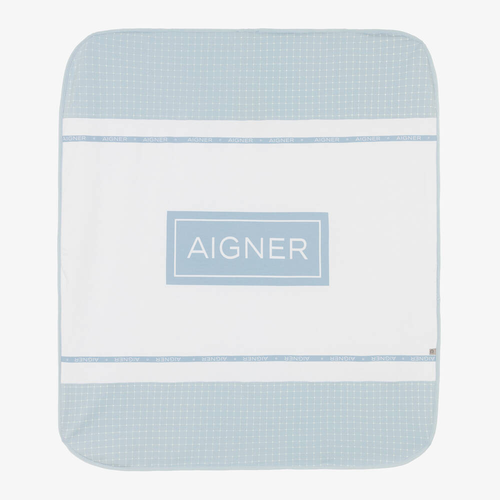 AIGNER - White & Pale Blue Pima Cotton Baby Blanket (85cm) | Childrensalon
