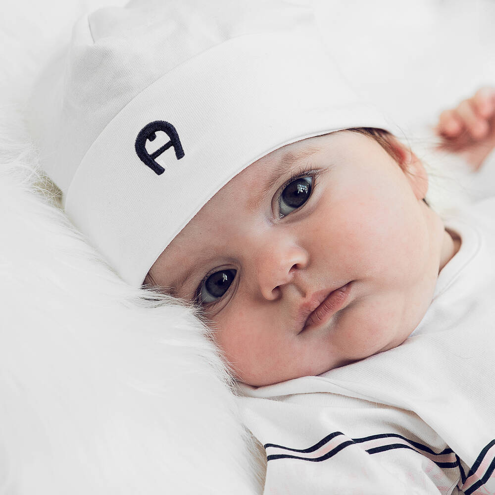 AIGNER-White Pima Cotton Baby Hat | Childrensalon Outlet