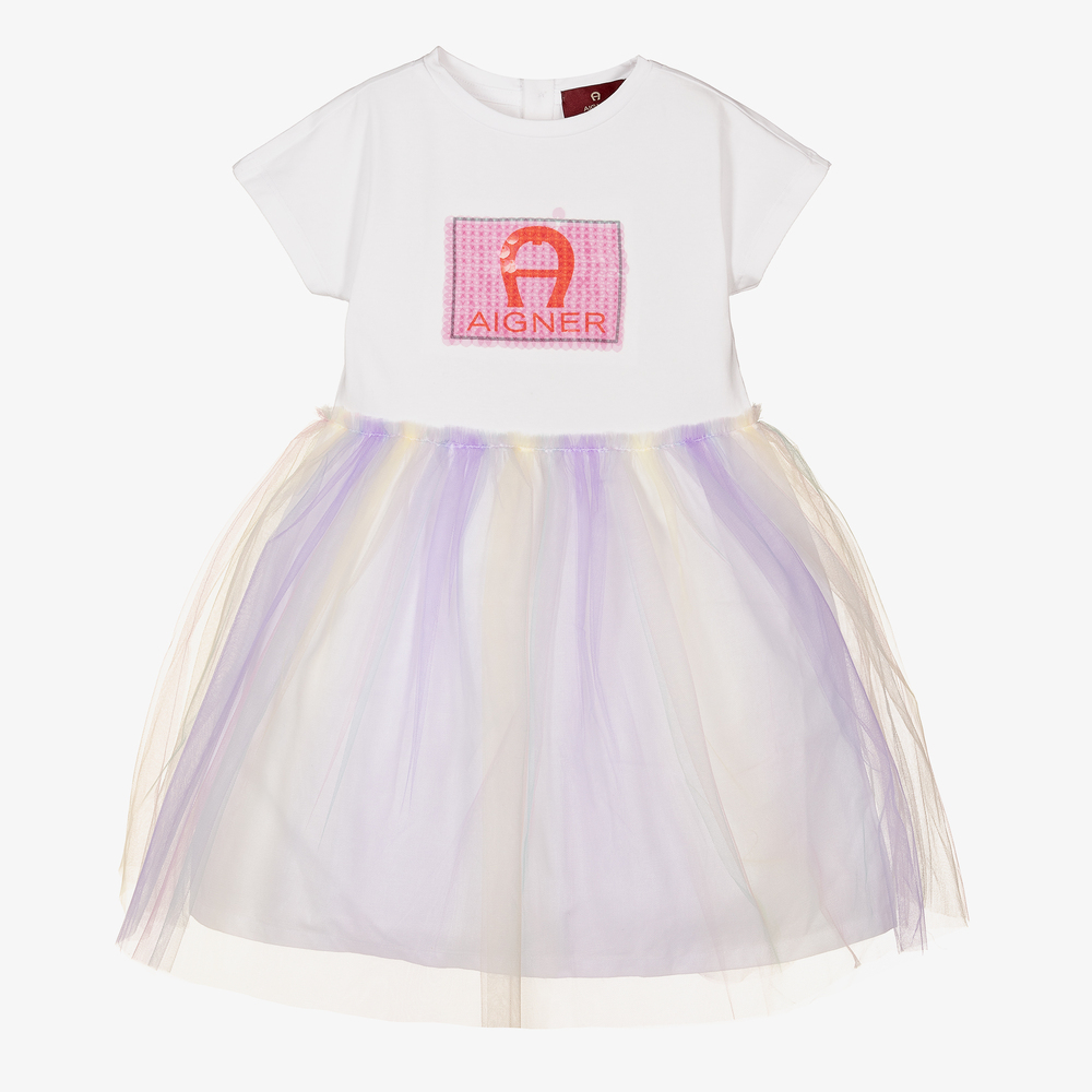 AIGNER - Белое платье с юбкой радужной расцветки из тюля | Childrensalon