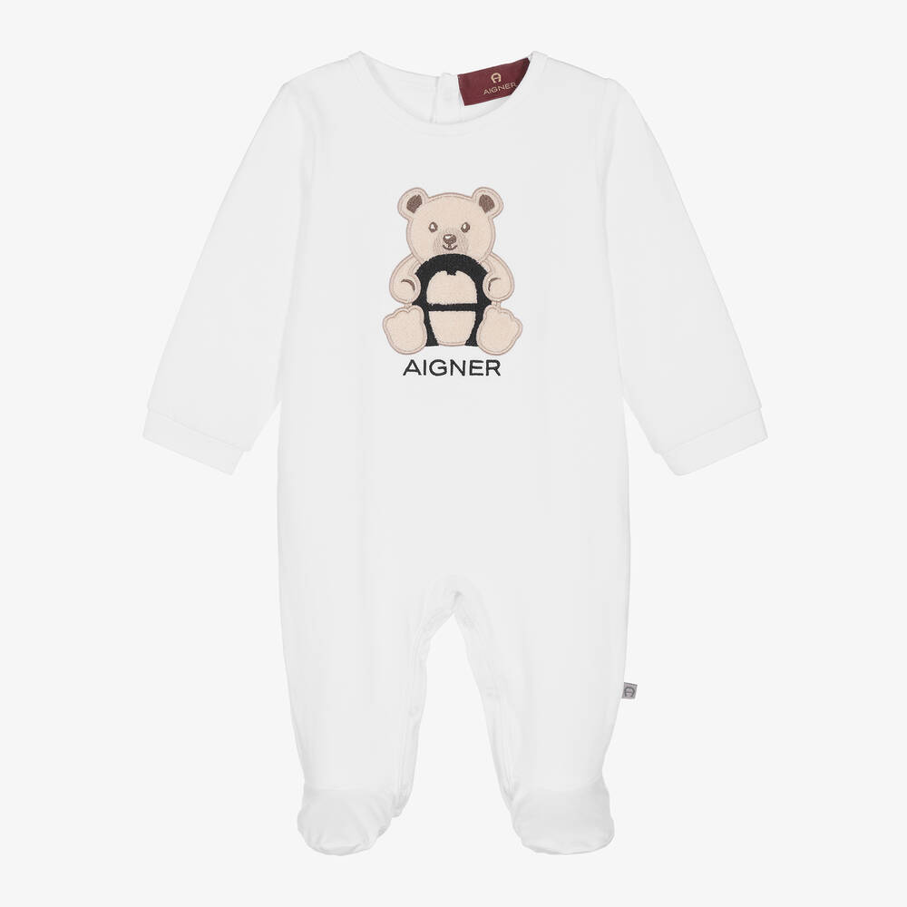 AIGNER-White Teddy Bear Logo Pima Cotton Babygrow | Childrensalon Outlet