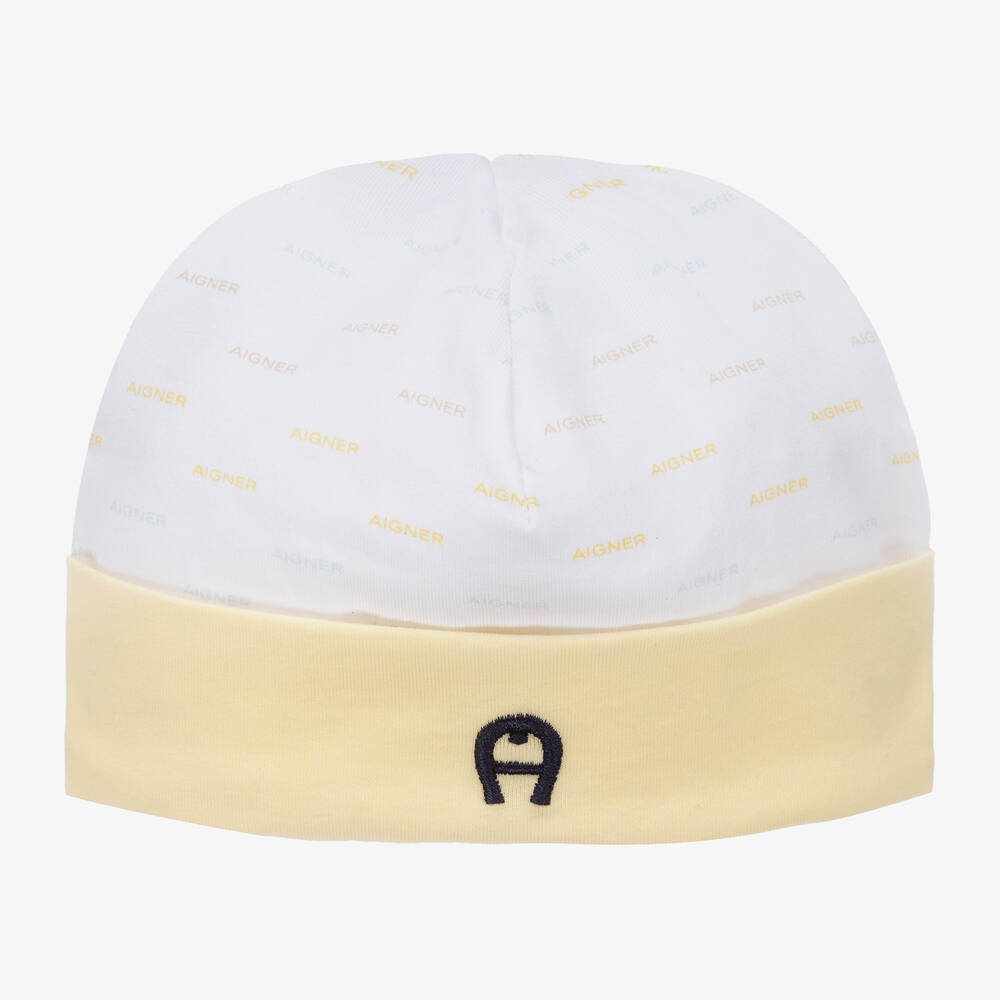 AIGNER - White & Yellow Pima Cotton Baby Hat | Childrensalon