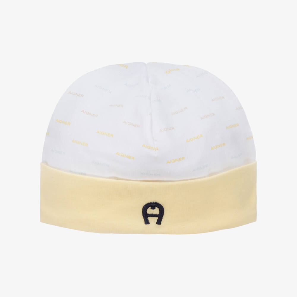AIGNER-White & Yellow Pima Cotton Baby Hat | Childrensalon Outlet