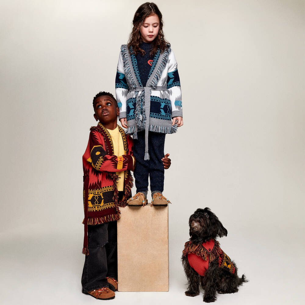 Alanui-Blue & White Wool Icon Jacquard Cardigan | Childrensalon Outlet