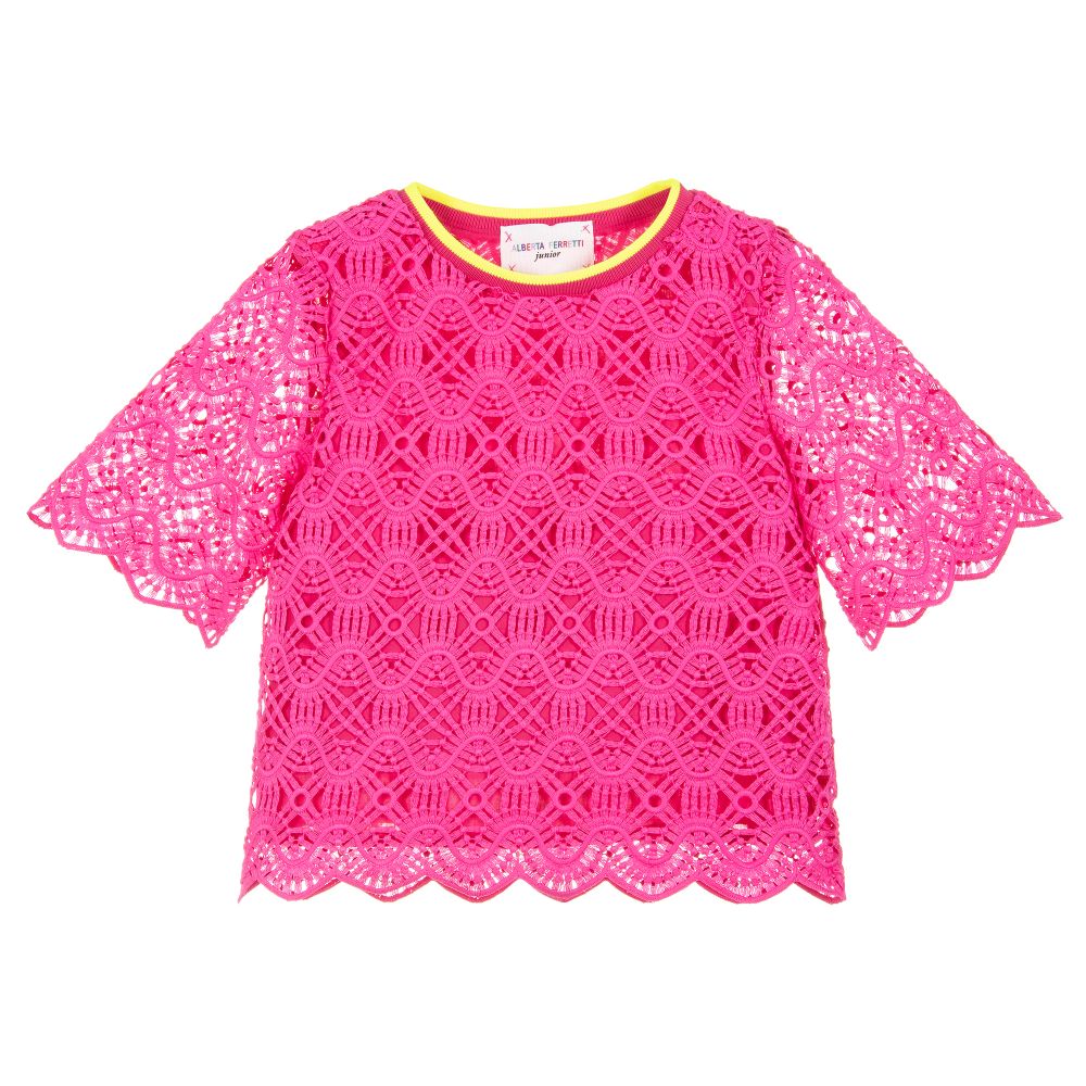 Alberta Ferretti - Girls Pink Cotton Lace Top | Childrensalon