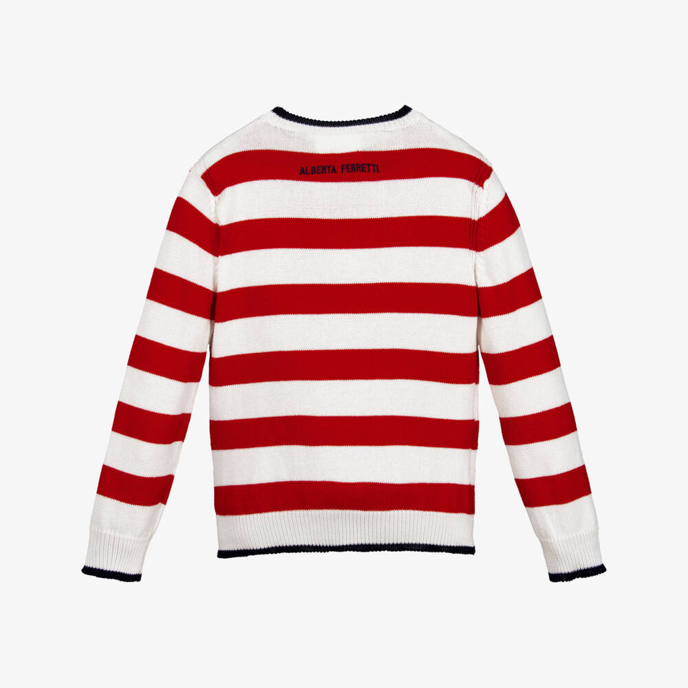 Alberta Ferretti-كنزة قطن محبوك لون أحمر وعاجي للبنات | Childrensalon Outlet