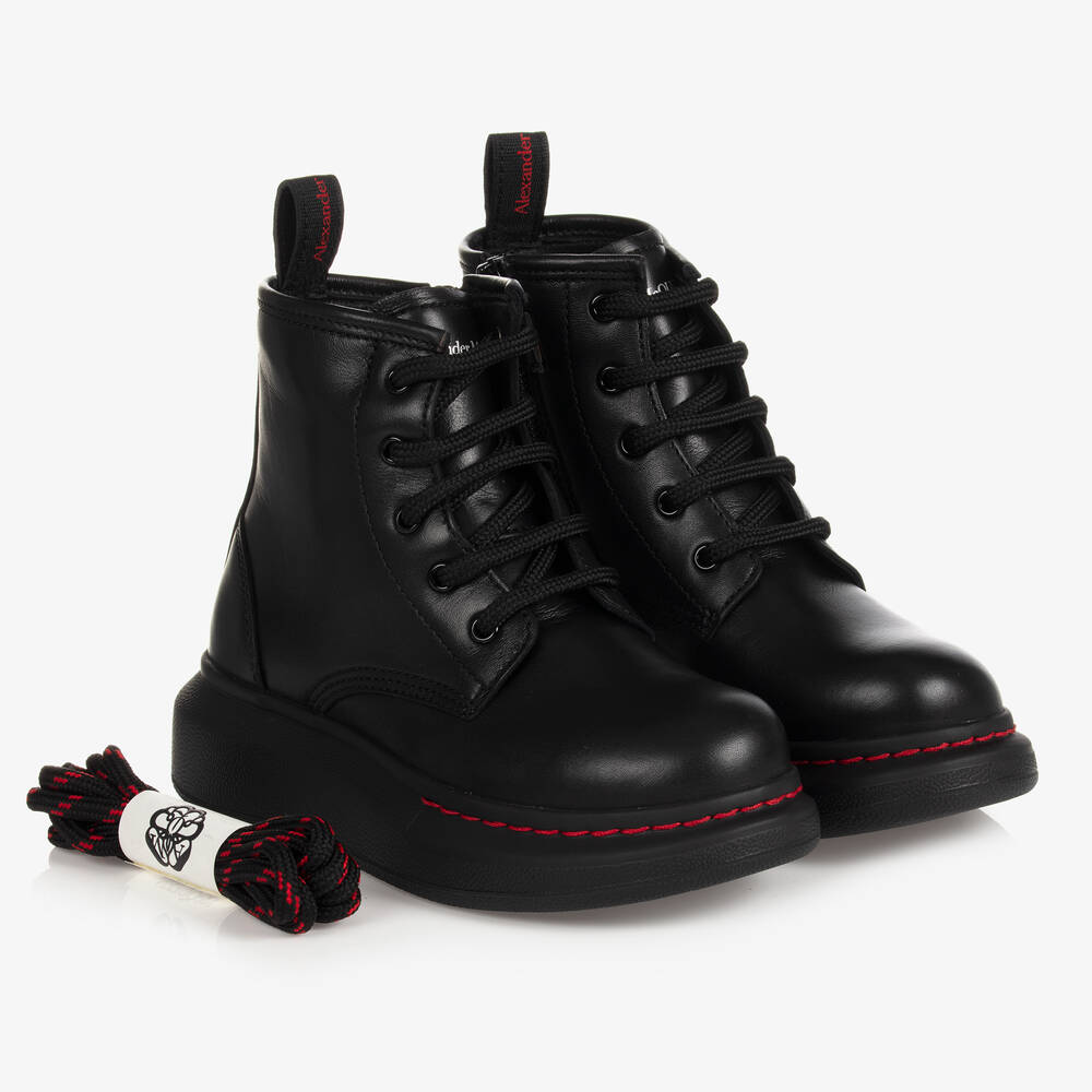 Alexander McQueen - Bottines à lacets noires cuir | Childrensalon