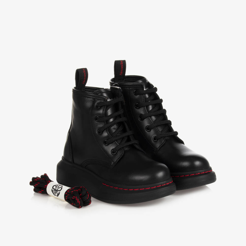 Alexander McQueen-Black Leather Lace-Up Boots | Childrensalon Outlet