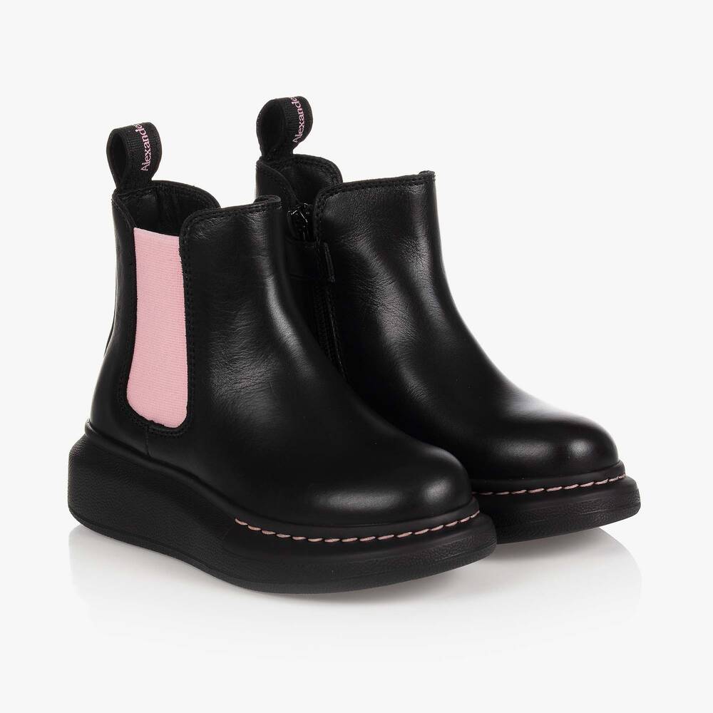 Alexander McQueen - Bottines noires et roses en cuir | Childrensalon