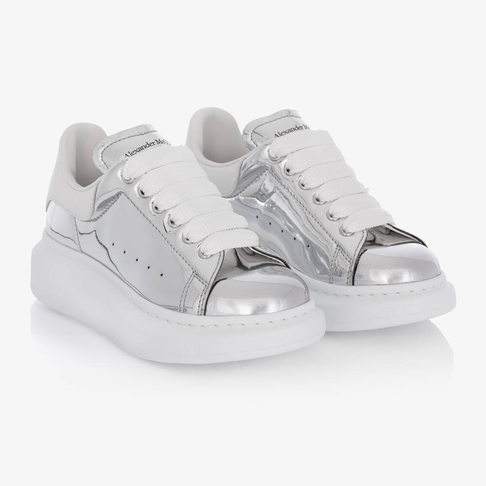 Alexander McQueen - Girls Silver Leather Lace-Up Trainers | Childrensalon