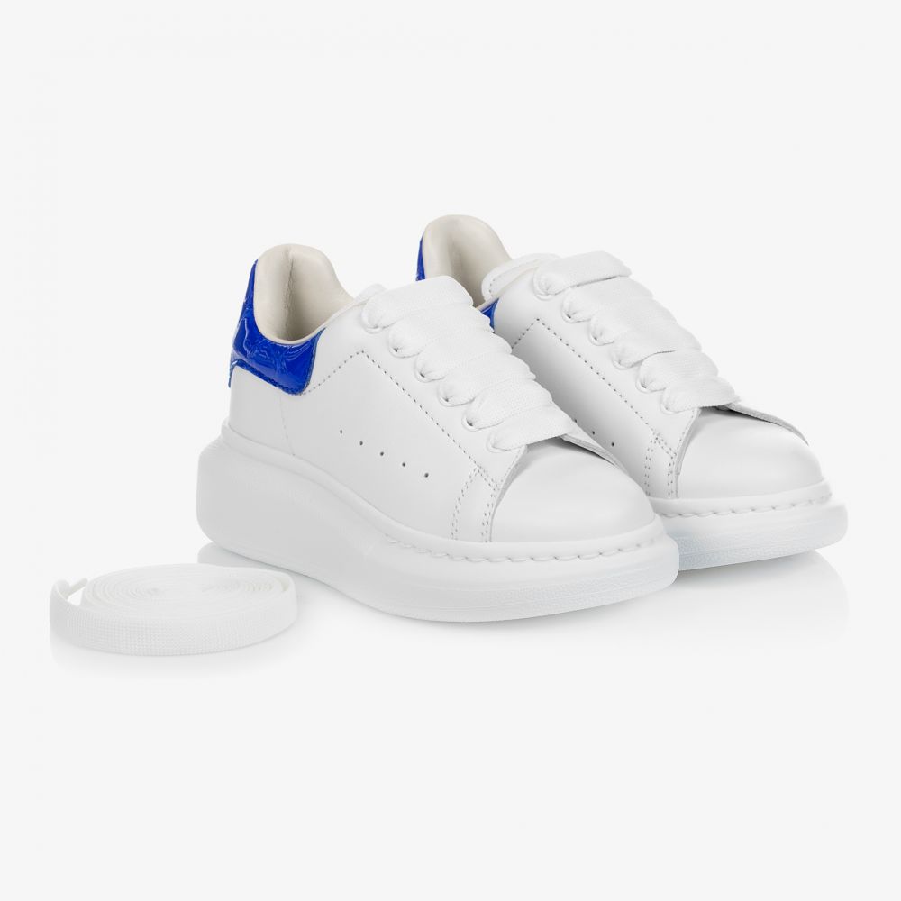 Alexander McQueen - White & Blue Leather Trainers | Childrensalon