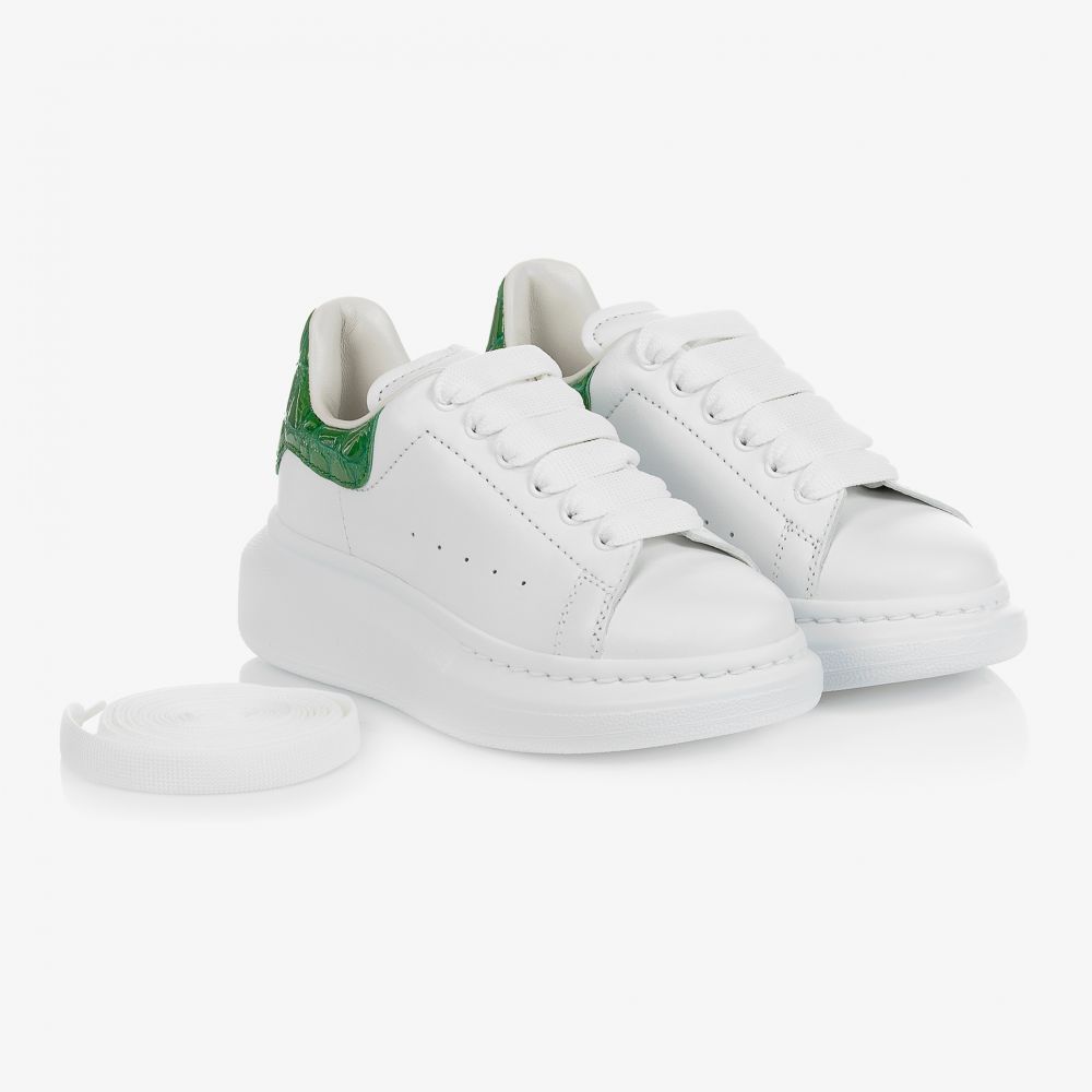 Alexander McQueen - White & Green Leather Trainers | Childrensalon