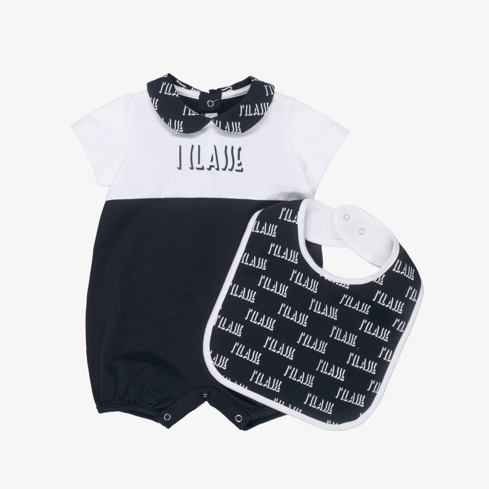 Alviero Martini-Baby Boys Navy Blue Cotton Shortie & Bib Set | Childrensalon Outlet