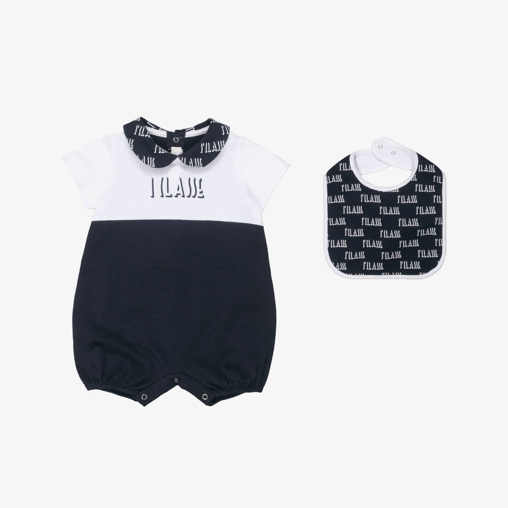Alviero Martini-Baby Boys Navy Blue Cotton Shortie & Bib Set | Childrensalon Outlet