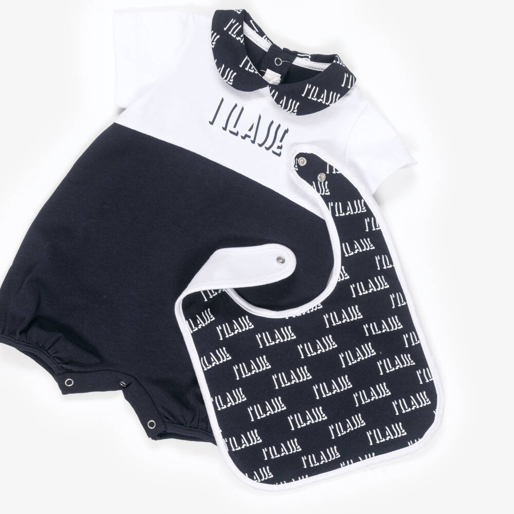 Alviero Martini-Baby Boys Navy Blue Cotton Shortie & Bib Set | Childrensalon Outlet